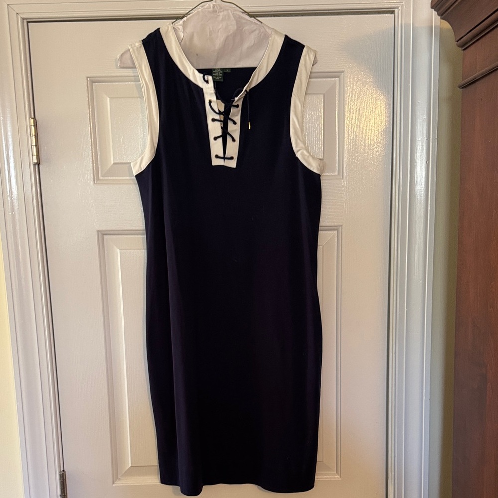 Ralph Lauren Navy Blue and White Lace-Up Dress